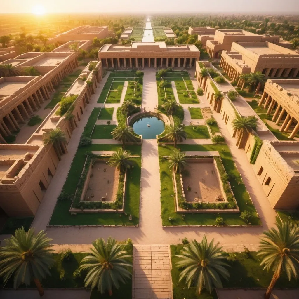 Prompt: ancient city of babylon and lush gardens, overhead golden hour lighting, extra wide angle field of view, infinity vanishing point