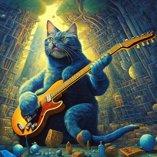 Prompt: giant Lapis lazuli cat playing a guitar, widescreen view, infinity vanishing point, in the style of Jacek Yerka