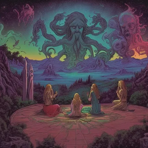 Prompt: wide view, jesus playing guitar in front of a patio gazebo barbeque grill and hippie women, infinity vanishing point, Cthulhu nebula background