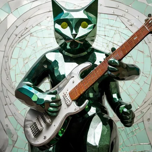 Prompt: ((((giant cat playing guitar) diamond statue inlaid with green chrome) in the style of Pablo Picasso) wide perspective view) infinity vanishing point