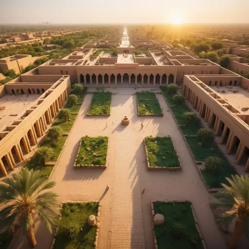 Prompt: ancient city of babylon and lush gardens, overhead golden hour lighting, extra wide angle view, infinity vanishing point