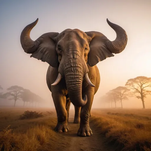 Prompt: biggest animal in the world, overhead golden hour lighting, foggy wide angle view, infinity vanishing point