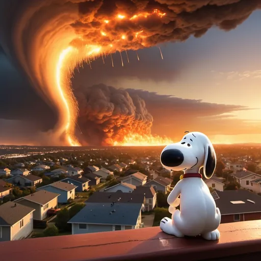 Prompt: (Snoopy watching 1000000 falling flaming meteors.) + (100 tornado funnels in the air.) + (Giant tsunami tidal waves approaching.) + (Giant city on fire.) + (Golden hour overhead lighting, extra wide angle view, infinity vanishing point.)