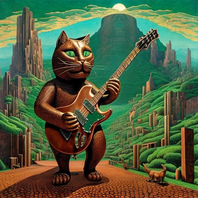 Prompt: ((((giant cat playing guitar) copper statue inlaid with emeralds) in the style of Jacek Yerka) wide perspective view) infinity vanishing point