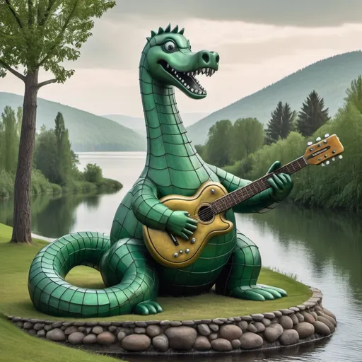 Prompt: giant green metal nessie statue playing guitar, wide background, in the style of Jacek Yerka