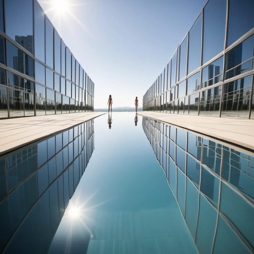 Prompt: infinity pool of mirrors, wide angle view, infinity vanishing point