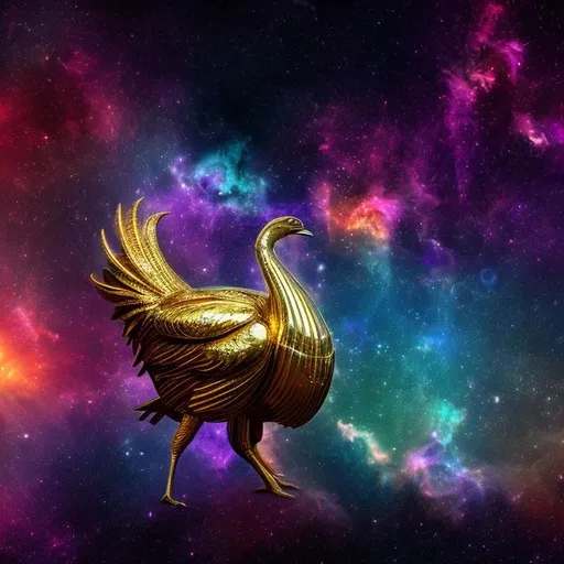 Prompt: panoramic view of a gold turkey, vanishing point perspective, galaxy and nebula background