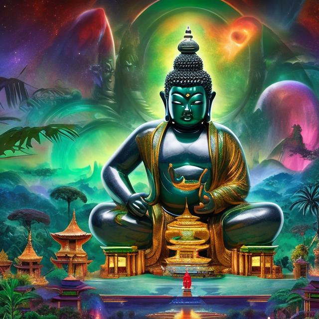 Prompt: cropped letterbox style image of an emerald bodybuilding buddha playing guitars in front of an exotic alien temple, tropical jungle background, galaxy sky, infinity vanishing point