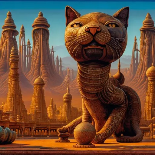 Prompt: panorama widescreen view of a giant bronze cat playing a sitar, infinity vanishing point, in the style of Jacek Yerka