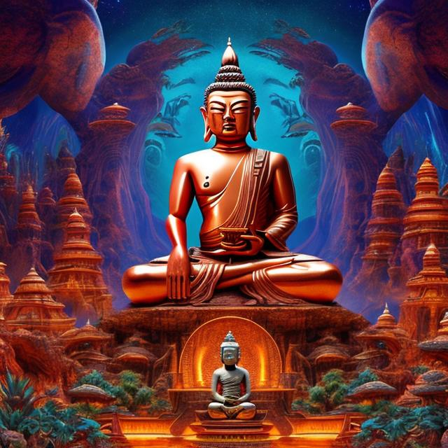Prompt: widescreen letterbox style image of a copper bodybuilding buddha playing many guitars in front of an exotic alien temple, tropical jungle background, galaxy sky, infinity vanishing point