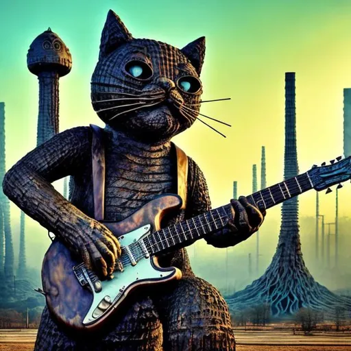 Prompt: giant acid etched iron statue of a giant cat playing guitar, in the style of Jacek Yerka, widescreen view, infinity vanishing point