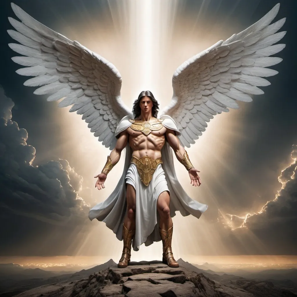 Prompt: giant archangel Sahaquiel from the Third Book of Enoch, overhead lighting, wide angle view, surreal background proportions, infinity vanishing point