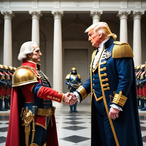 Prompt: emperor donald trump shaking hands with george washington the warhammer emperor, year 40000 AD, wide palace background with space marines, long distance infinity vanishing point