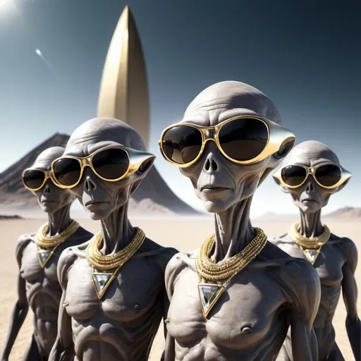 Prompt: grey aliens wearing gold necklaces and diamond sunglasses, an evil techno-planet in the background, 25 degree offset, wide angle perspective, infinity vanishing point