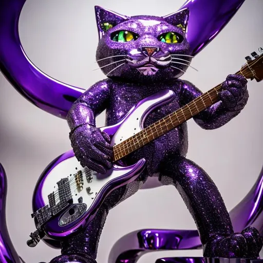 Prompt: ((((giant cat playing guitar) purple chrome statue inlaid with diamonds) in the style of Ron English) wide perspective view) infinity vanishing point