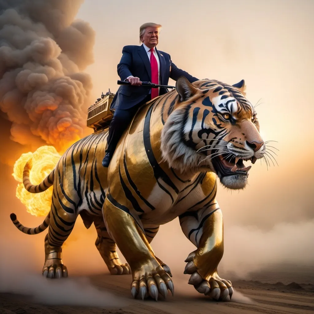 Prompt: Trump riding the biggest giant firebreathing armored war-tiger in the world, overhead golden hour lighting, foggy wide angle view, infinity vanishing point