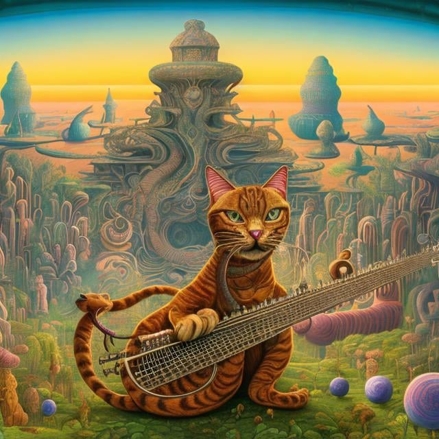 Prompt: panorama widescreen view of a giant topaz cat playing a sitar, infinity vanishing point, in the style of Jacek Yerka