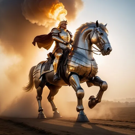 Prompt: Trump riding the biggest giant firebreathing armored warhorse in the world, overhead golden hour lighting, foggy wide angle view, infinity vanishing point