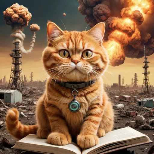 Prompt: Garfield the Cat Saves The World, post-nuclear-age-apocalyptic-science-fiction, hallucination-surreal style, book cover