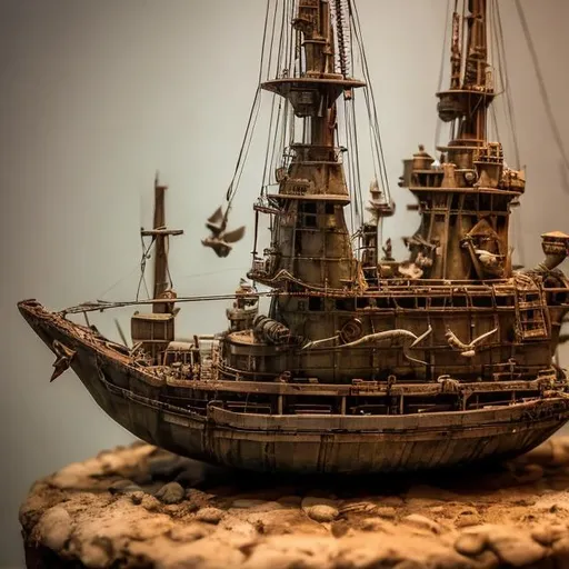 Prompt: ship diorama displayed inside a glass bottle