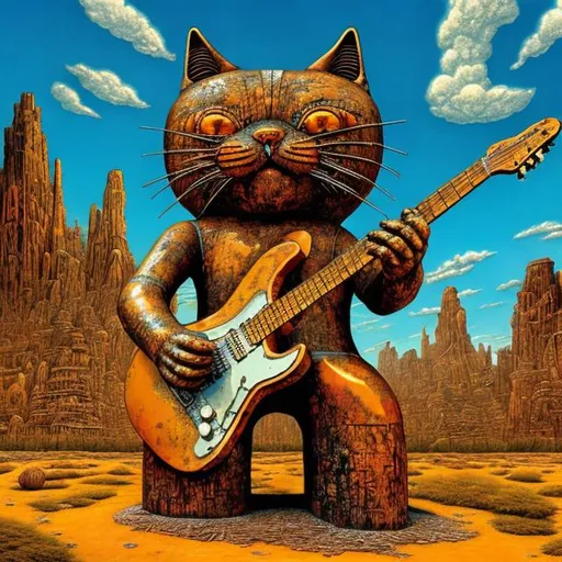 Prompt: giant rusty quartz statue of a giant cat playing guitar, in the style of Jacek Yerka, widescreen view, infinity vanishing point