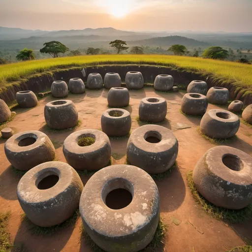 Prompt: the Plain of Jars, overhead golden hour lighting, extra wide angle view, infinity vanishing point