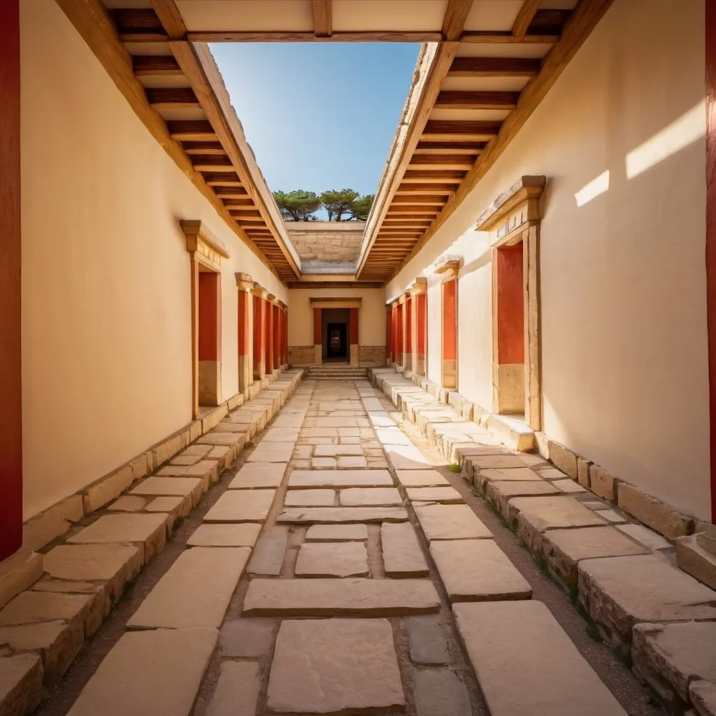 Prompt: Palace of Knossos, overhead golden hour lighting, extra wide angle field of view, infinity vanishing point