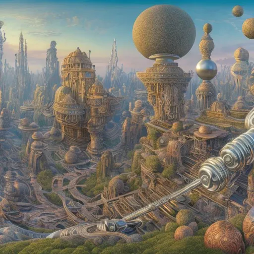 Prompt: panorama widescreen view of a giant silver cat playing a sitar, infinity vanishing point, in the style of Jacek Yerka