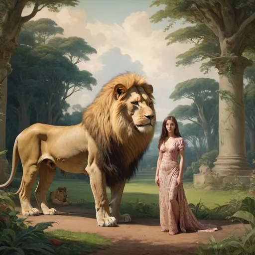 Prompt: Una and the Lion, by William Wyon, lush background, wide ratio view, infinity vanishing point