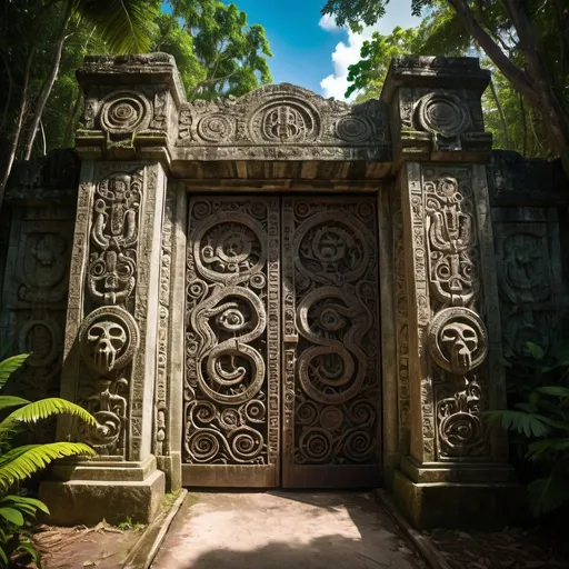 Prompt: in the Belize jungle, a giant ancient intricately detailed bas relief wall covered gate to the temple of cthulhu, overhead lighting shadows, wide angle view, infinity vanishing point
