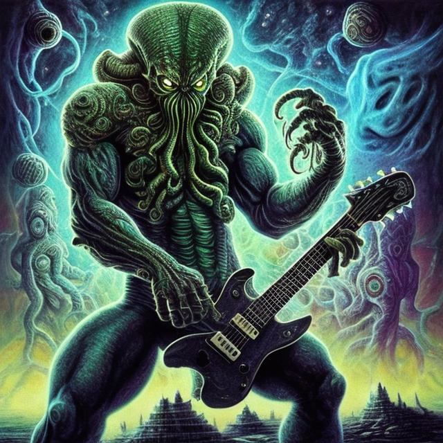 Prompt: bodybuilding Cthulhu playing guitar, infinity vanishing point, Pillars of Creation nebula background