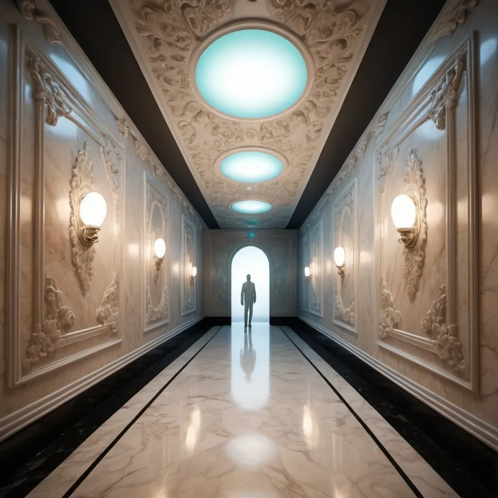 Prompt: surreal AI response, ornately detailed opal onyx bas relief hallway, overhead lighting shadows, wide angle view, infinity vanishing point