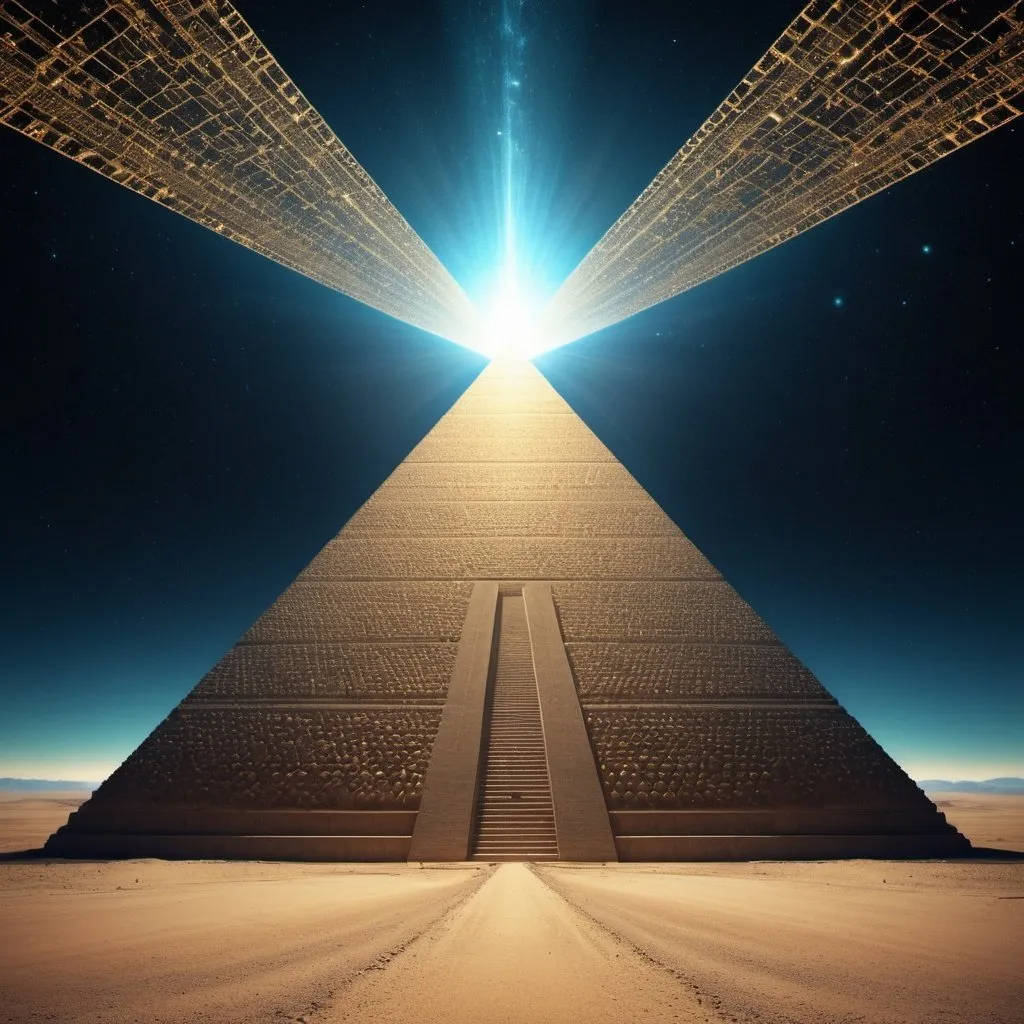 Prompt: Pyramid Power, wide angle perspective, surreal quantum singularity background, infinity vanishing point