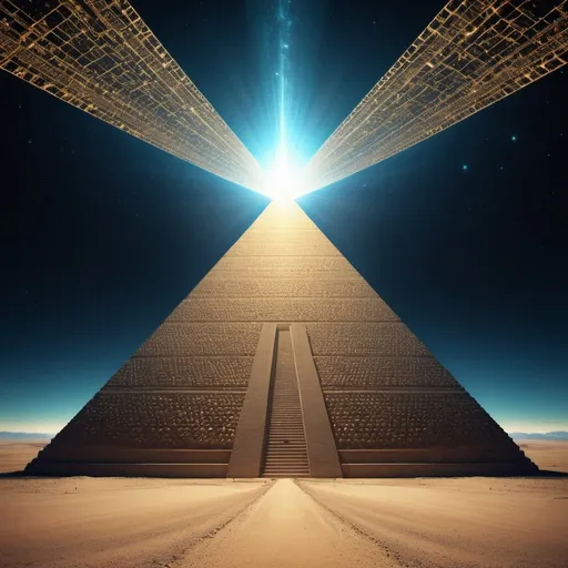Prompt: Pyramid Power, wide angle perspective, surreal quantum singularity background, infinity vanishing point