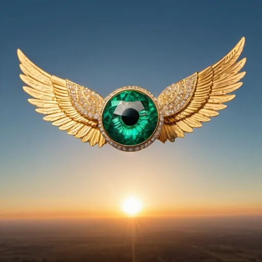 Prompt: giant winged emerald ring of eyes in flight, golden hour overhead lighting, extra wide angle view, infinity vanishing point