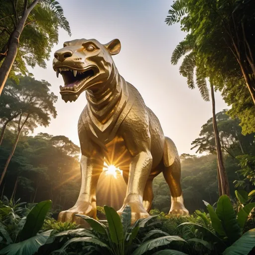 Prompt: giant strange animal statue, elegant lush jungle background, overhead golden hour lighting, extra wide angle field of view, infinity vanishing point