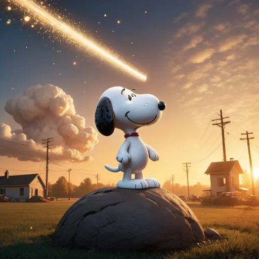 Prompt: Snoopy saving the world from artificial intelligence, distant nuclear cloud flashes, falling meteors, golden hour overhead lighting, extra wide angle view, infinity vanishing point