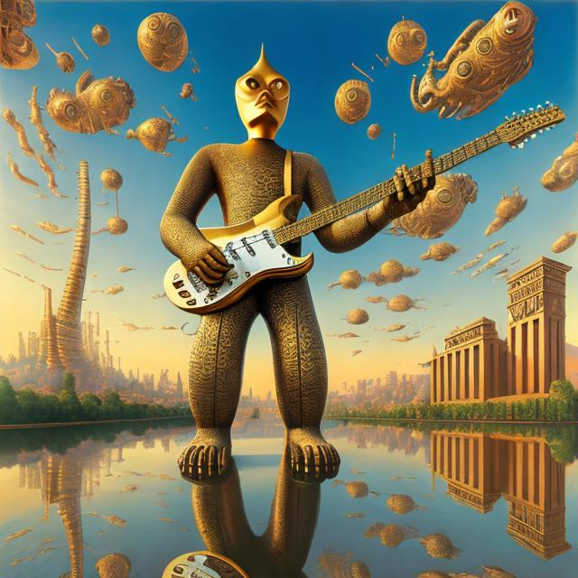 Prompt: giant steel statue damascened with gold of a giant cat playing guitar, in the style of Jacek Yerka, wide perspective view, infinity vanishing point