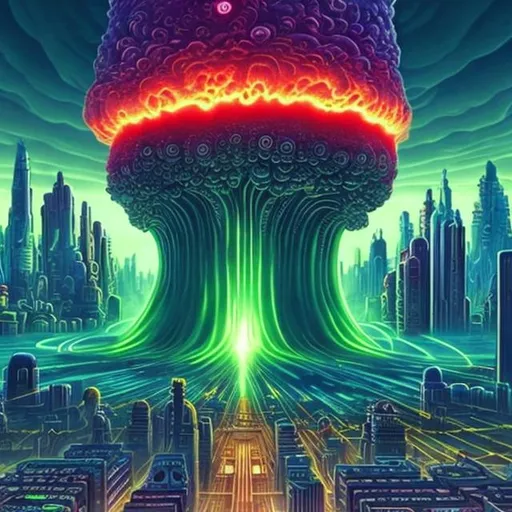 Prompt: infinity city, cthulu shaped nuclear blast cloud background