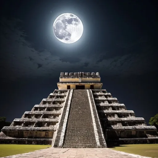 Prompt: Moon over the Temple of Kukulcan, overhead lighting, extra wide angle view, infinity vanishing point