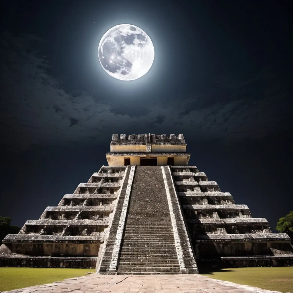 Prompt: Moon over the Temple of Kukulcan, overhead lighting, extra wide angle view, infinity vanishing point