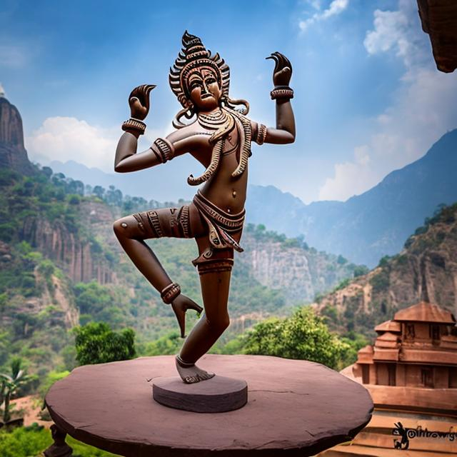 Prompt: dancing Nataraja statue holding many knives, landscape background