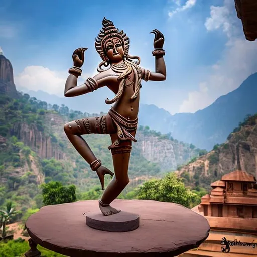 Prompt: dancing Nataraja statue holding many knives, landscape background