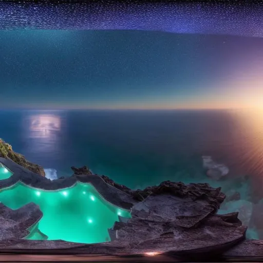 Prompt: panorama view of crystal filled ocean from cliffside infinity pool, cthulhu starry night background