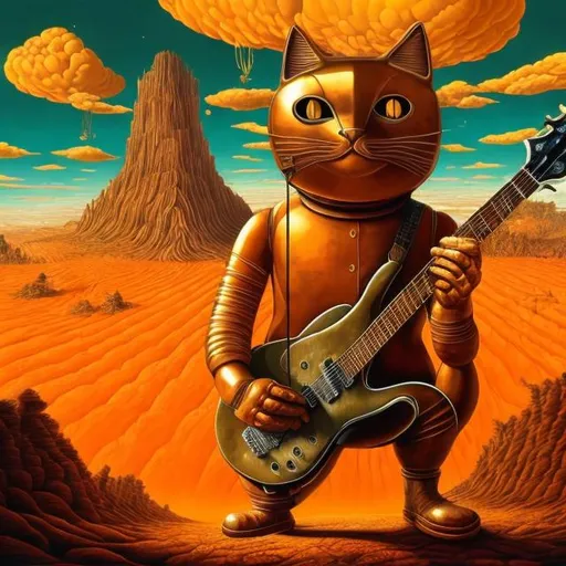 Prompt: giant orange metal cat playing a guitar, widescreen view, infinity vanishing point, in the style of Jacek Yerka