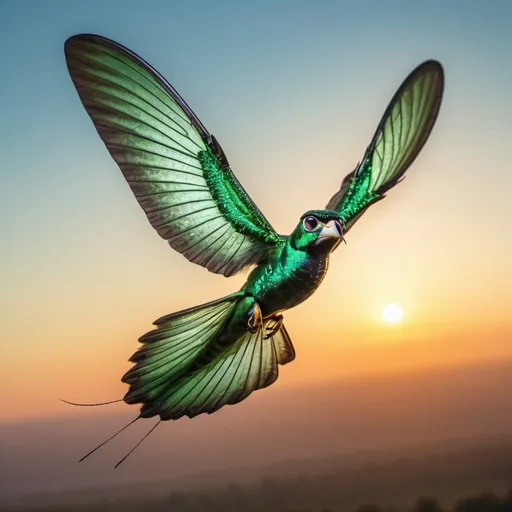 Prompt: giant winged emerald eye in flight, golden hour overhead lighting, extra wide angle view, infinity vanishing point