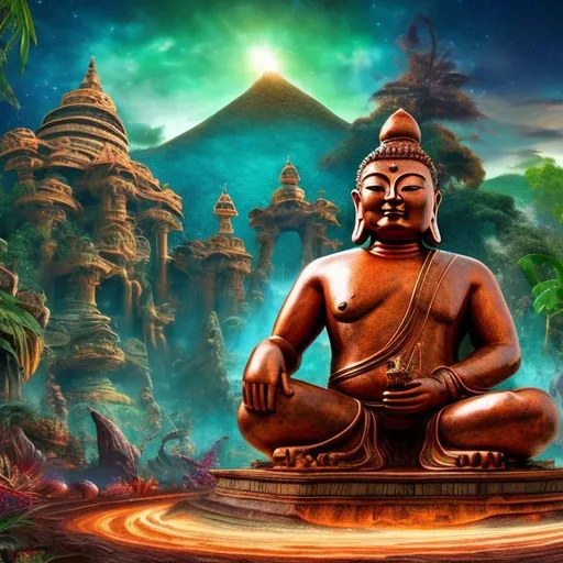 Prompt: widescreen image of an ancient patina copper bodybuilding buddha playing guitar in front of an exotic alien temple, tropical jungle background, galaxy sky, infinity vanishing point