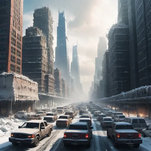 Prompt: infinite rush hour traffic, crystal skyscraper city, post apocalyptic, blizzard climate