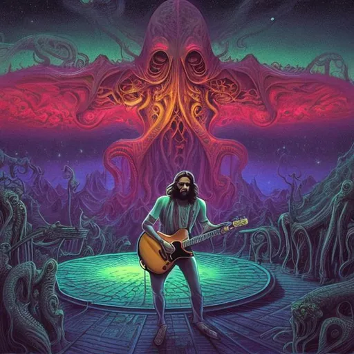 Prompt: wide view, jesus playing guitar in front of a patio gazebo barbeque grill and gogo dancers, infinity vanishing point, Cthulhu nebula background