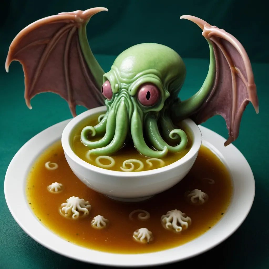 Prompt: cthulhu swimming in soup